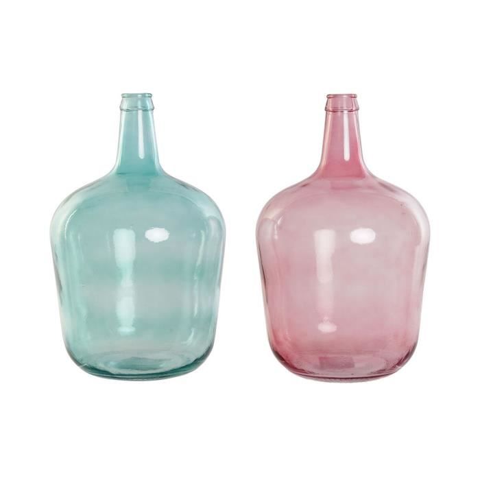 Vase - Lot de 2 - Verre trempé - 25 x 25 x 40 cm - Vert et Rose