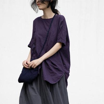 Women Solid Color Summer T-Shirts O-Neck Short Sleeve Cotton Linen Irregular Tees Loose Women T-Shirts