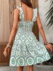 Women's Boho Geometric Print Mini Dress V-Neck Tie Shoulder A-Line Sundress Casual Ruffle Hem Summer Dress for Beach Vacation Brunch Outdoor Events