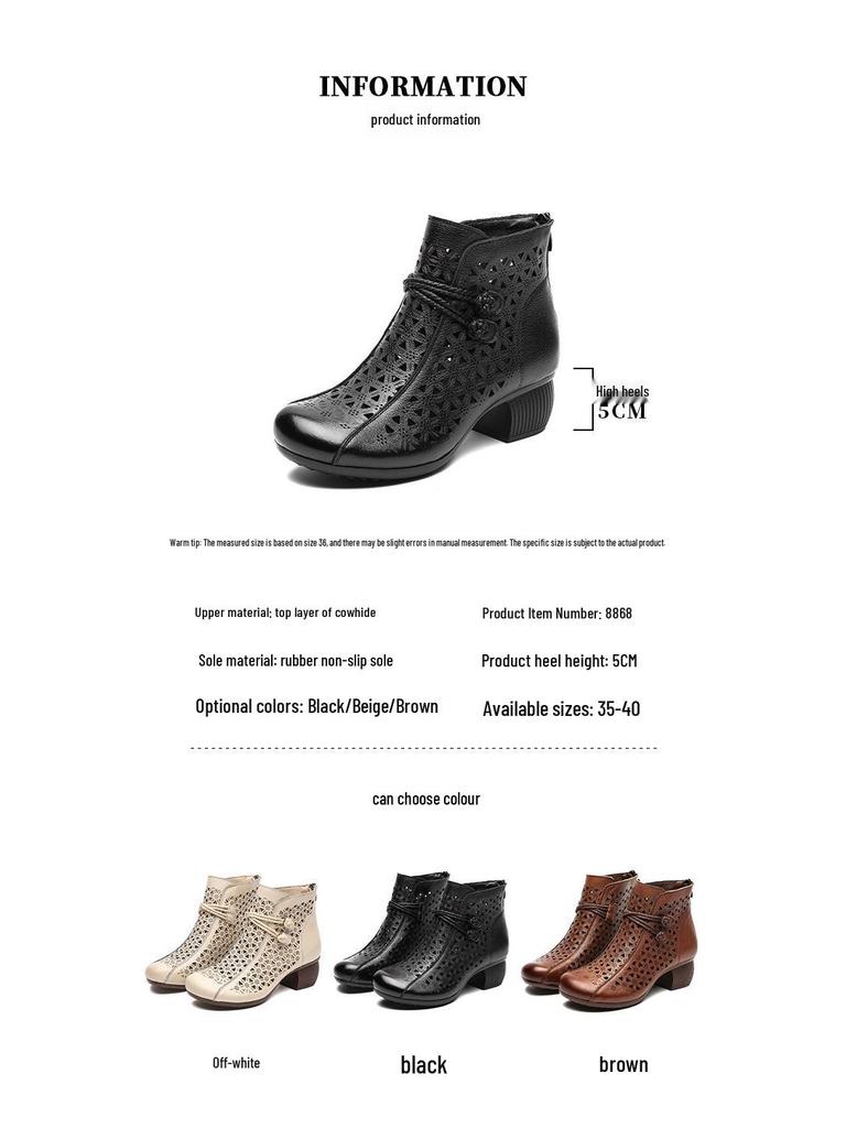 2025 Summer Genuine Leather Peep-Toe Perforated Mid-Heel Sandals - Women's Retro Chunky Heel Martin Boots.