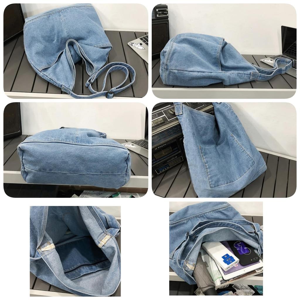 FARFADET Adjustable Denim Shoulder Tote Diaper Large Fits A4 and Popular Crossbody A4 Korean Eco Blue Bag, Bag, Bag, Capacity, Lightweight, Files,