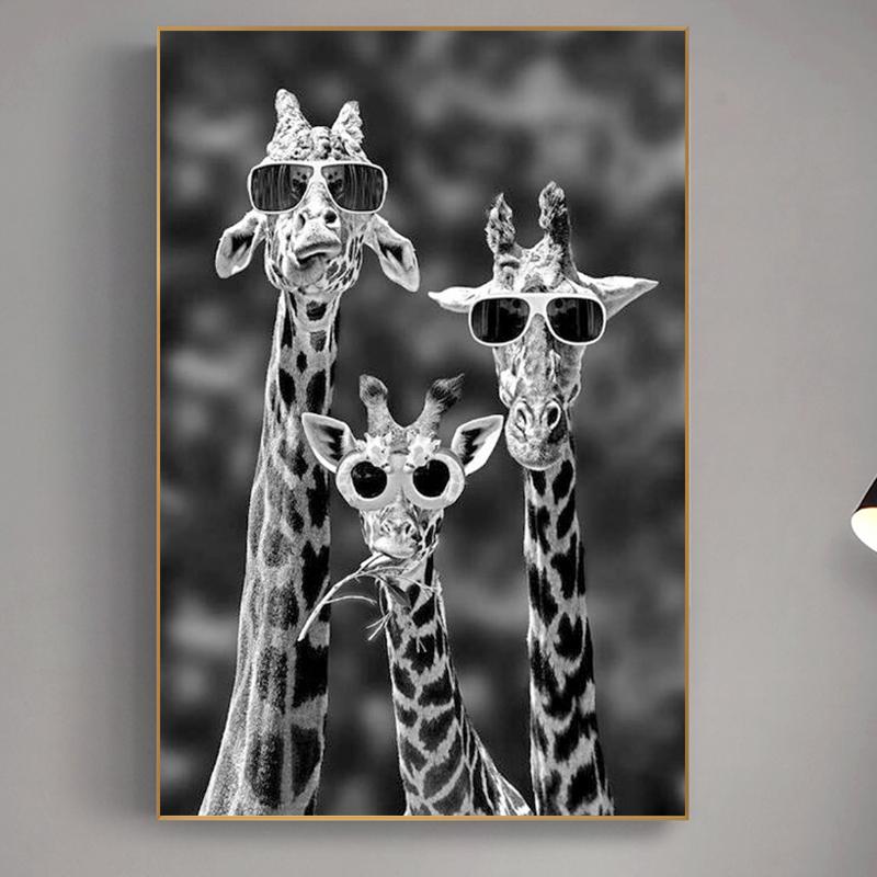 

Жирафы Забавное искусство с солнцезащитными очками Плакаты и принты Черно-белые животные Холст Картины на стене Художественные фотографии Декор