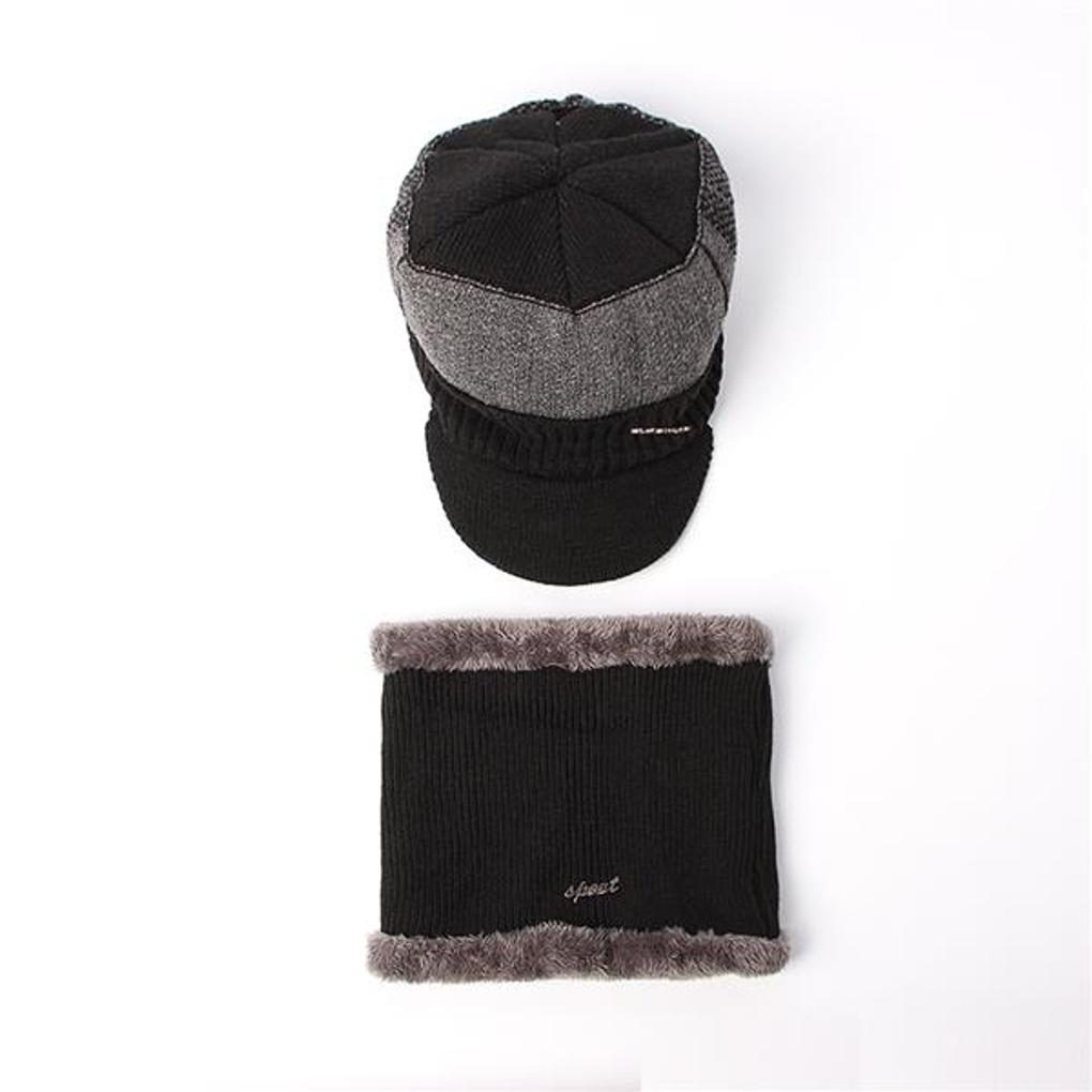 Neckwarmer Knit Brim Hat Set (Black)/Fur Hat Winter Hat