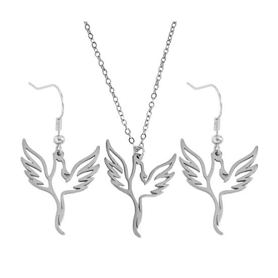 Phoenix Necklace And Earring Set for Women Stainless Steel Hollow серебряный