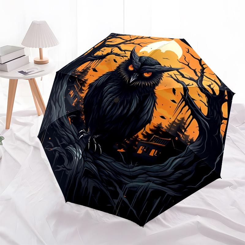 1pc Halloween Owl Automatic Folding Umbrella, Lightweight Retractable Compact Travel Umbrella, 8-Rib Sturdy Frame149