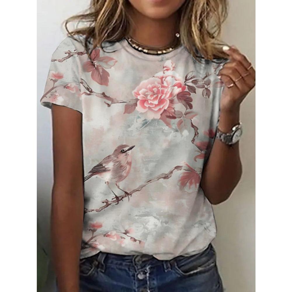 

Женская модная повседневная футболка с круглым вырезом и короткими рукавами с 3D цифровой печатью серии «Цветы» XS