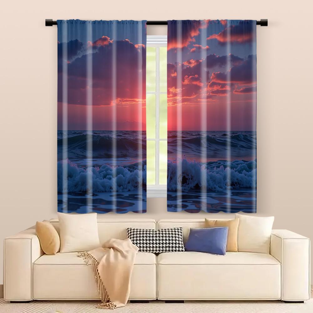 Set Of 2 Filtering Curtains Excluding Rods Non Movable Without Batteries Sunset Sea Use Bedrooms Living Rooms Made Polyester Room Window Treatment