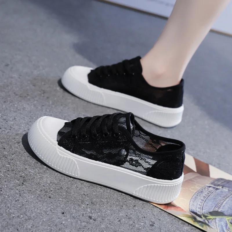 Fashion Summer Women Lace Casual Shoes Woman Mesh Breathable Sneakers Flats Comfort Shallow Platform Floral Loafers Walking Black Shoes