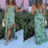 Summer European and American Style Tube Top Print Long Dress Sexy High Split Ruffle Edge Irregular Hem Dress Women