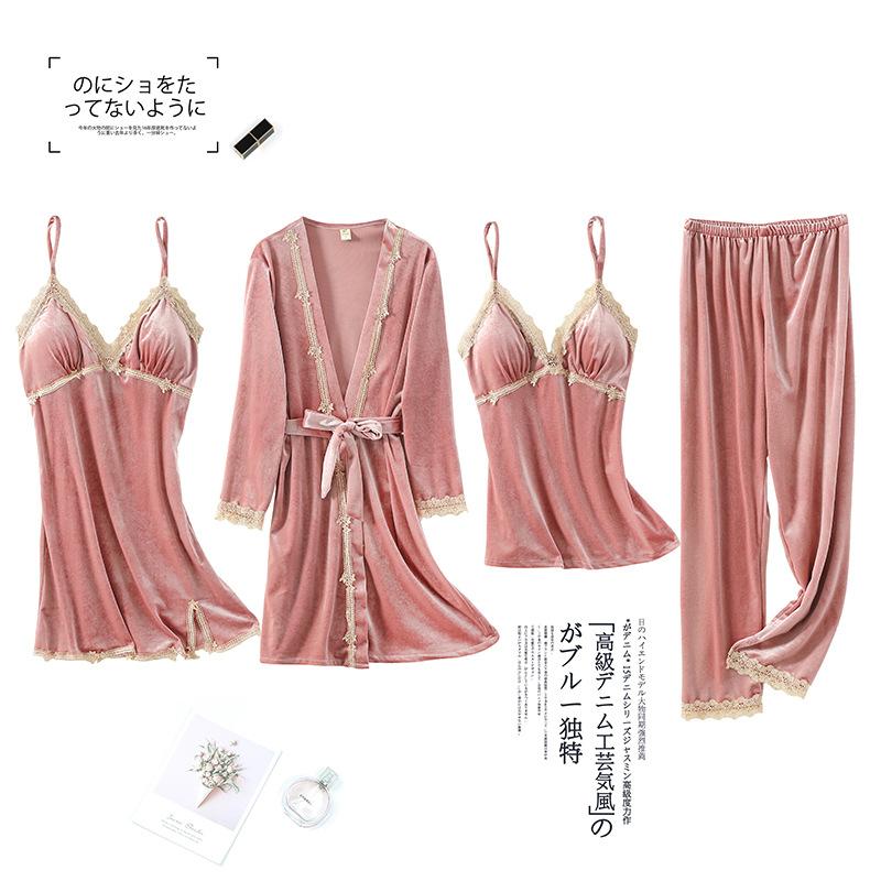 Pajamas women's spring, autumn and winter golden velvet sexy four-piece set, suspender nightgown with chest pad set, simple and comfortable loungewear
