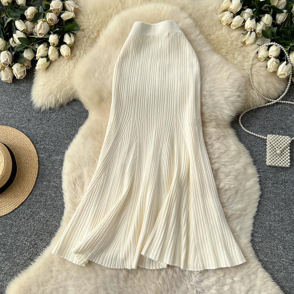 

Осень Зима Женская Элегантная Вязаная Длинная Миди Юбка Годе Облегающая Фигуру One Size абрикосовый