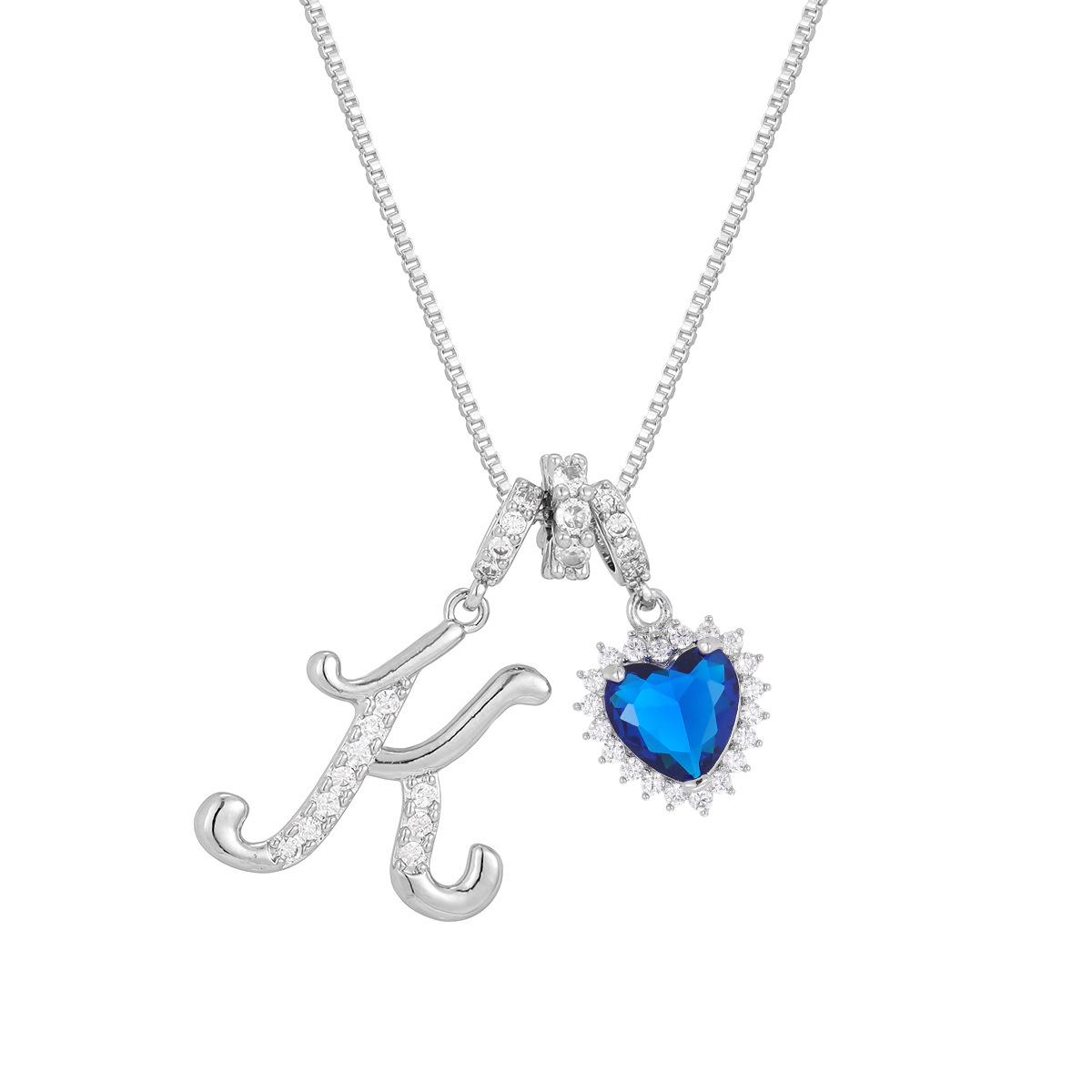 Blue Zircon Heart Necklace with 26 Letter Charm – Retro Light Luxury Women s Jewelry