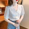 Embroidered Peter Pan Collar Chiffon Shirt Women Short Sleeve Solid Summer Blouses Tops Lady Korean Vintage Elegant Blouse 25405