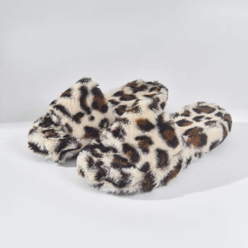 Fashion Leopard Women Slippers Fur Flats Platofrm Shoes Short Plush Open Toe Flip Flops Casual 2025 New Winter Warm Cotton Slides Mujer