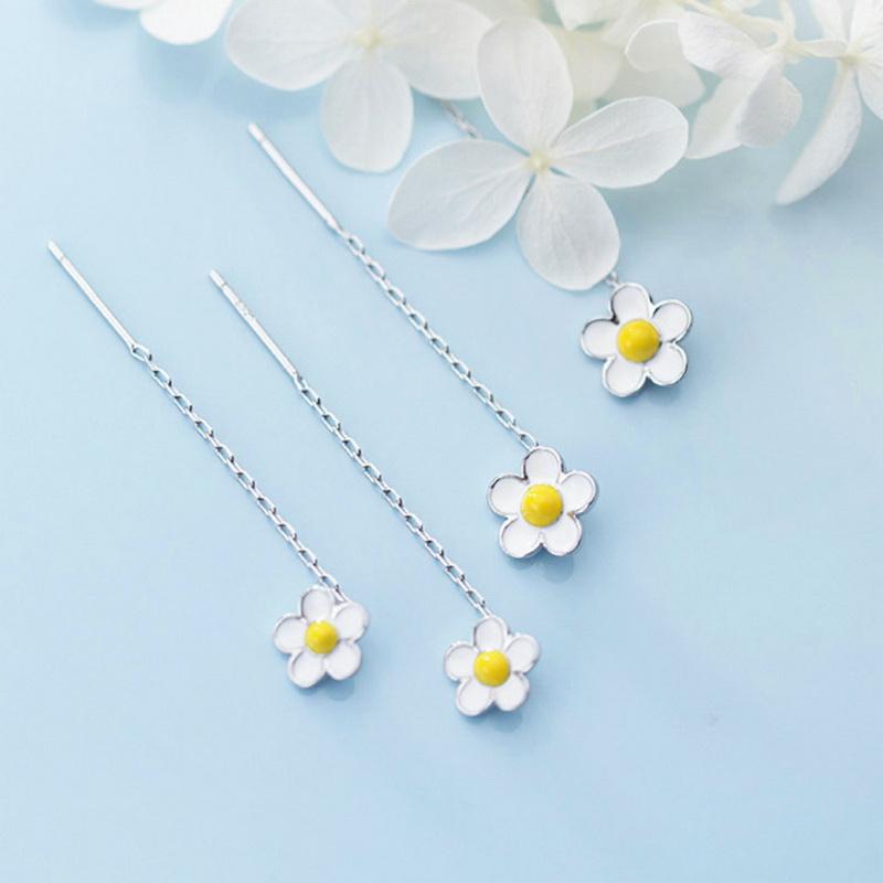 Silver Color Trend Daisy Flower Long Wire Tassel Thread Hanging Earrings For Women Crystal Zircon Piercing Earring Girl Jewelry