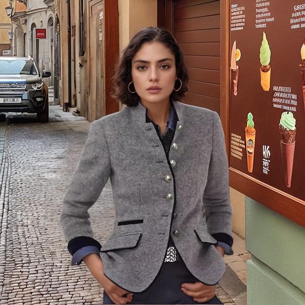 Blazer Curto Tweed Castanho Claro com Acabamento Azul Marinho, Fecho Assimétrico com Botão Frontal