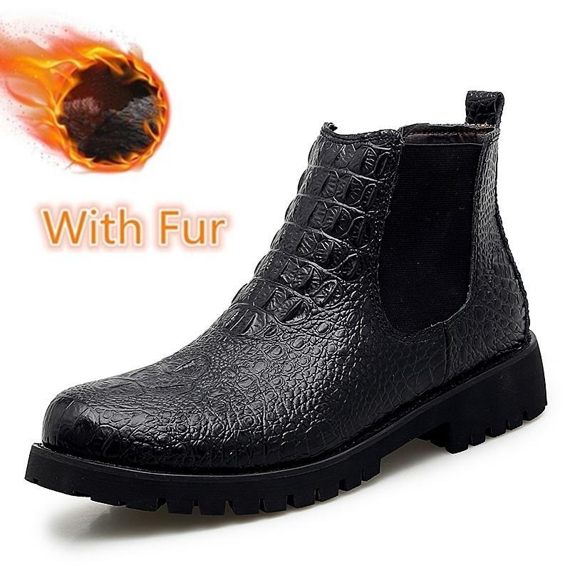 Mens Boots High Quality Men Chelsea Boots Autumn Winter Ankle Boots Plush Warm Outdoor Snow Shoes Crocodile Pattern Casual Shoes