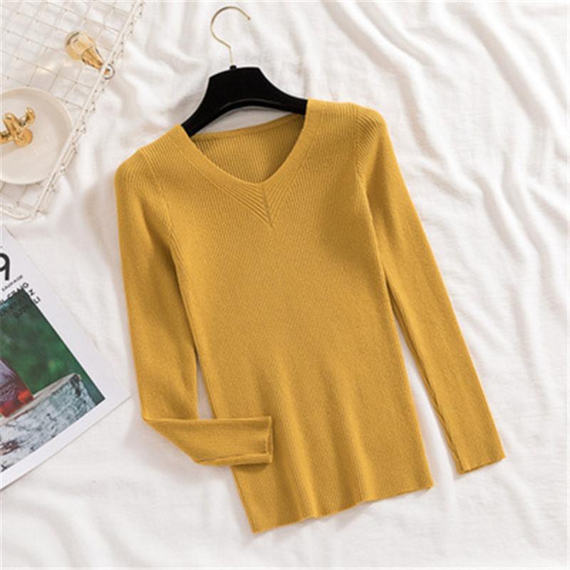 

Женские пуловеры на весну и осень, вязаные свитера, рубашка для начинающих, с длинным рукавом, с v-образным вырезом в полоску, тонкие топы, однотонные топы, один размер One Size жёлтый