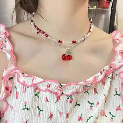 Collar Coreano de Corazón de Cereza de Doble Capa
