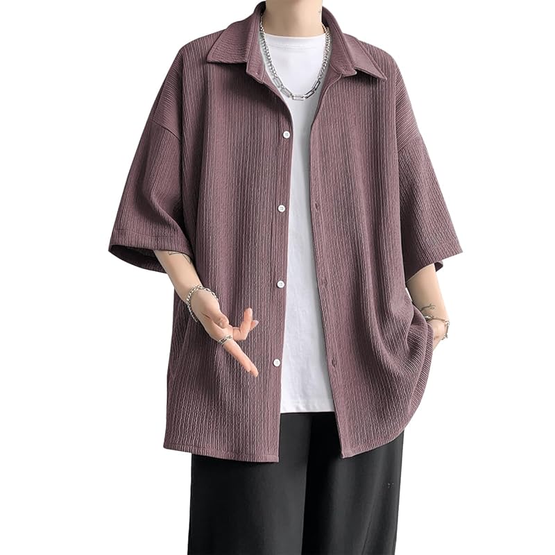 

[Mifish] shirt men s summer clothes short sleeve shirt Plain color large size comfortable light oversized shirt Sweat absorbent and quick drying soft