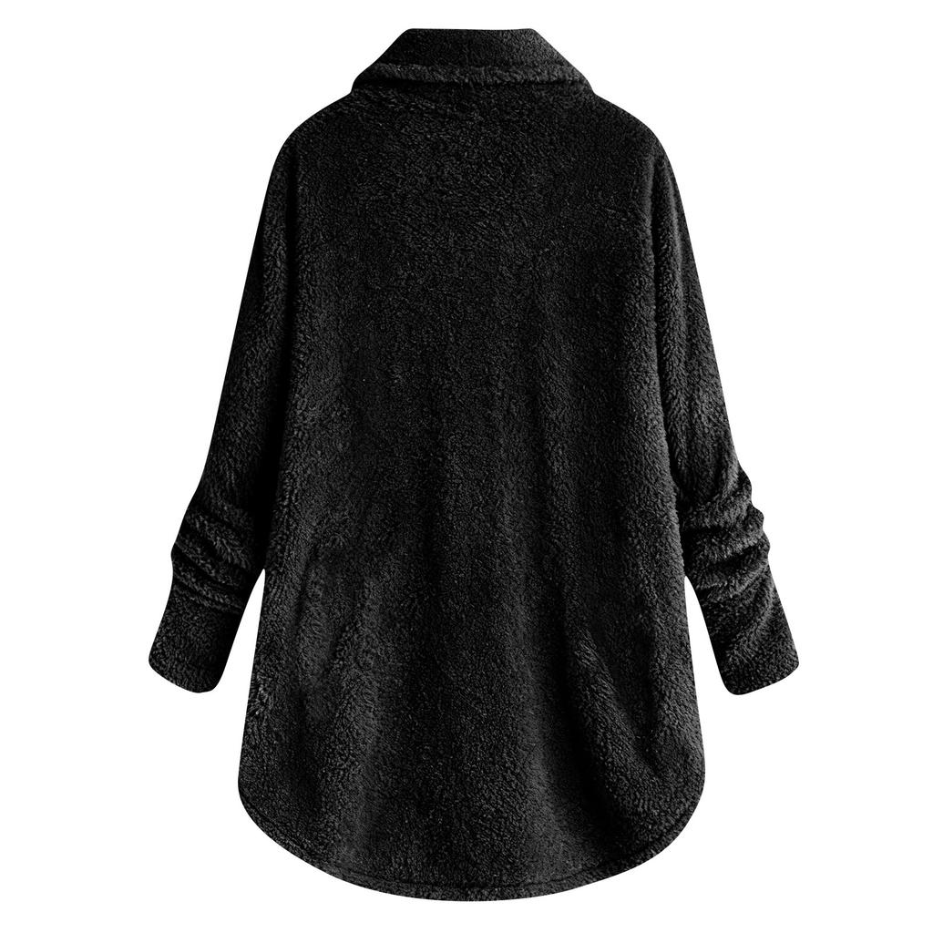 Damen Modische Plüsch Einfarbig Knopf Tasche Revers Langärmlig Locker Warme Jacke