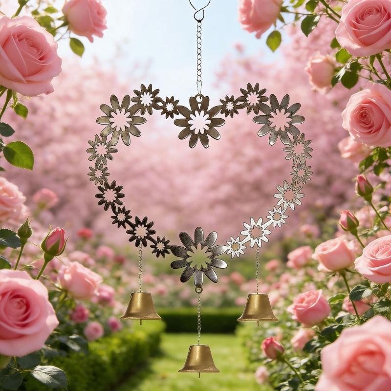 Elegant Love Wind Chimes For Exterior Decoration Displaying Iron Floral Heart Shape Wind bells Valentines Day Gift