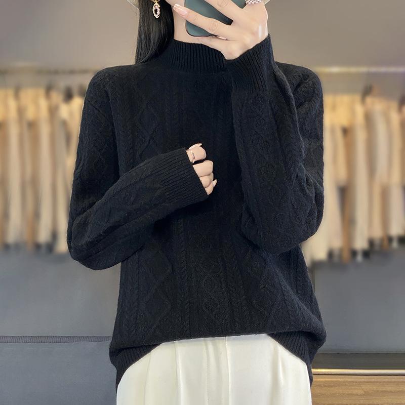 Solid Colour Half High Neck Threaded Stranded Flower Top Women's Pullover Knitted Sweater Tide