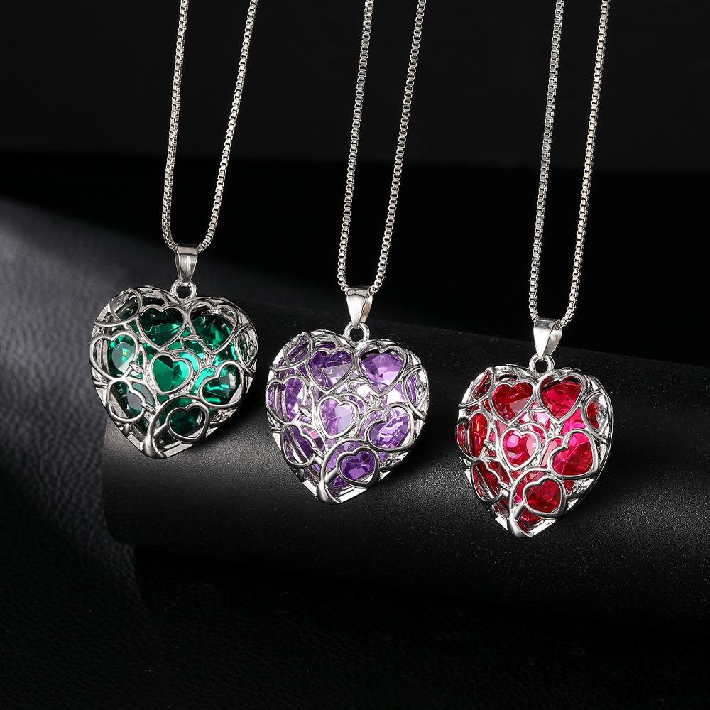 Luxury Hollow Out Heart Rhinestone Locket Pendant Necklace Green Red Pink Purple Blue Roseo Color Crystal Inside For Women
