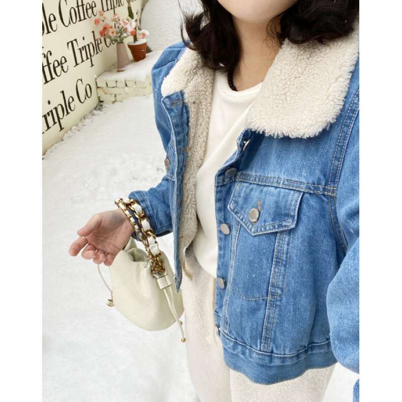 Kort denimjakke dame høst vinter vintage ny lammeskinnsspleiset kåpe avslappet knapp opp nedfelt krage jakke