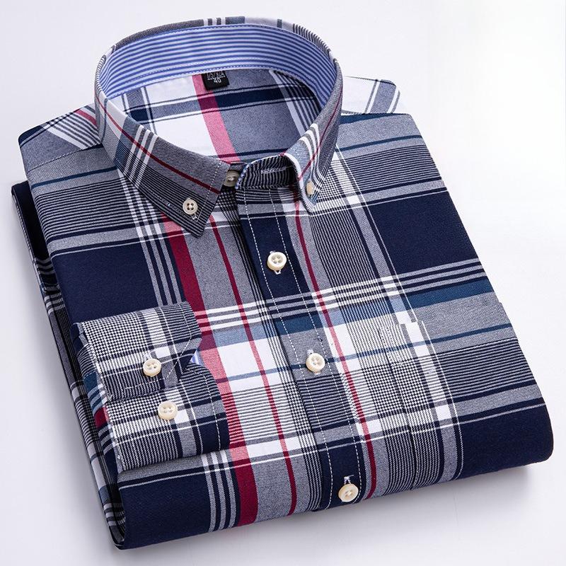 Men's Oxford Long Sleeve Square Collar Soild Plaid Striped Summer Casual Shirts Single Pocket  Shirt