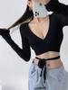Women's Thin V-neck Cropped Top with Waist Tie & Bell Sleeves - Spring/Summer Long Sleeve Sun Protection