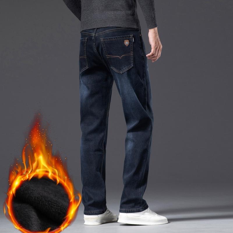 Super silné džíny s plusovým sametem Pánské Zimní Volné Rovné High-end Kalhoty Středního věku Plus Size Zimní Strečové Pánské Kalhoty