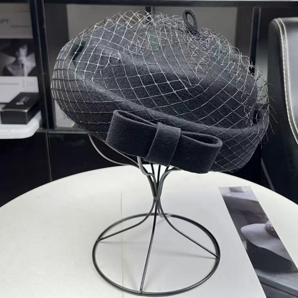 Australian Hair Light Luxury French Celebrity Style White Mesh Bow Top Hat Women's Autumn and Winter Elegant and Sweet Temperament Beret