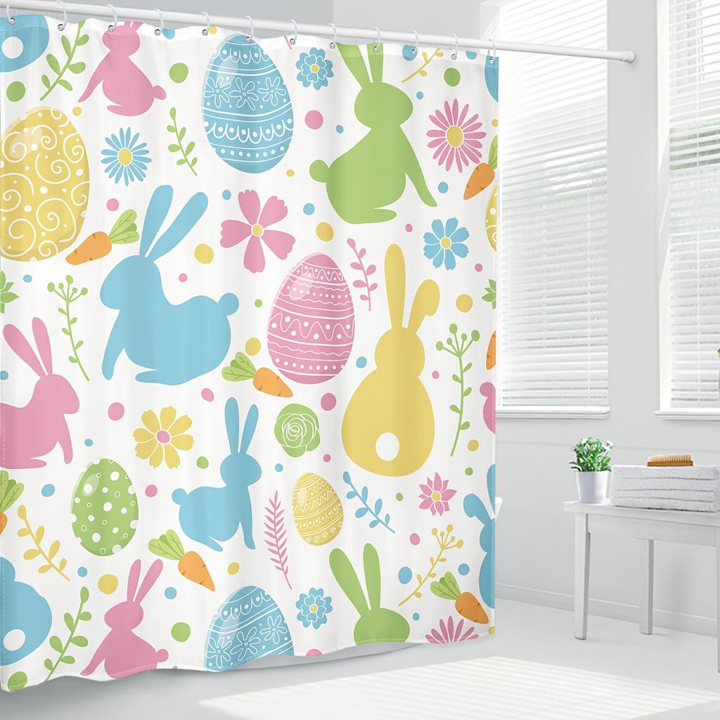 1Pc Shower Curtain - Vibrant Easter Design With Bunnies, Eggs, And Flowers For A Festive Bathroom Waterproof