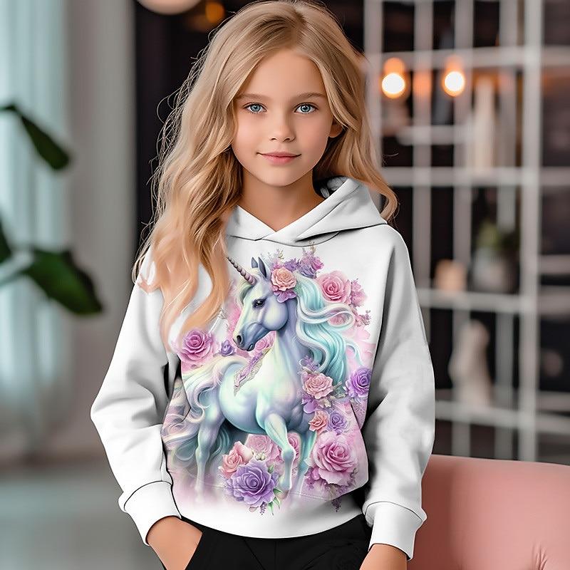 Girls' 3D Unicorn Hoodie Pullover Long Sleeve 3D Print Fall Winter Active Fashion Cute Polyester Kids 3-12 Years
