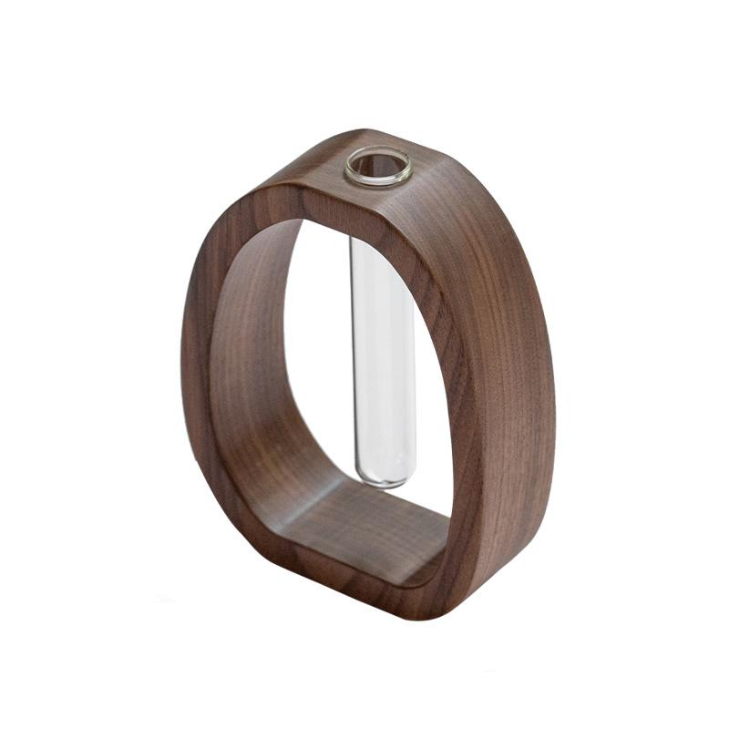 Blumengeschirr aus Massivholz aus Walnuss, kreative Blumenarrangement-Dekoration, schlichter Blumenständer aus Glas, Mini-Vase mit Wasserkultur