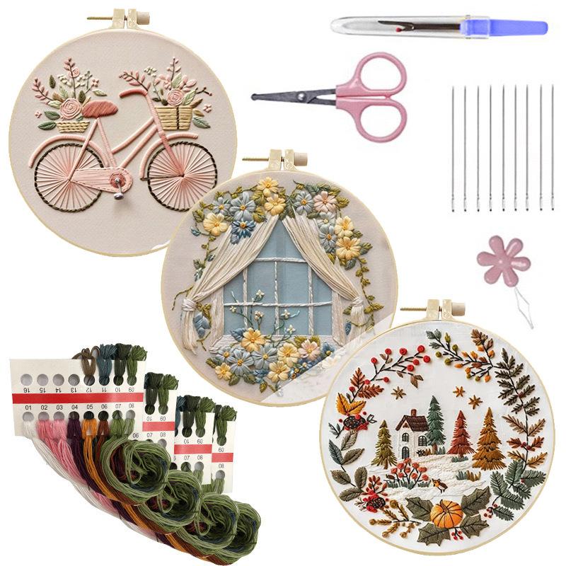 1pc House, Bicycle, and Flower Pattern Embroidery DIY Fabric Craft Kit with Tools