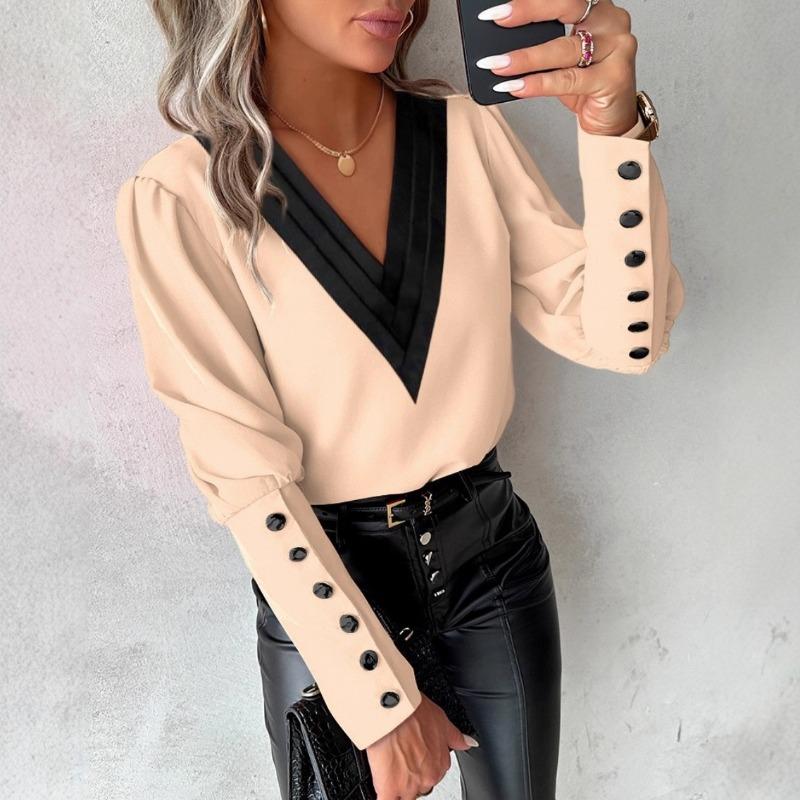V-neck Long Sleeve Buttons Loose Women Blouse Spring Autumn Fashion Office Shirt Casual Color Patchwork Fashion Elegant Simple Streetwear Vintage Tops