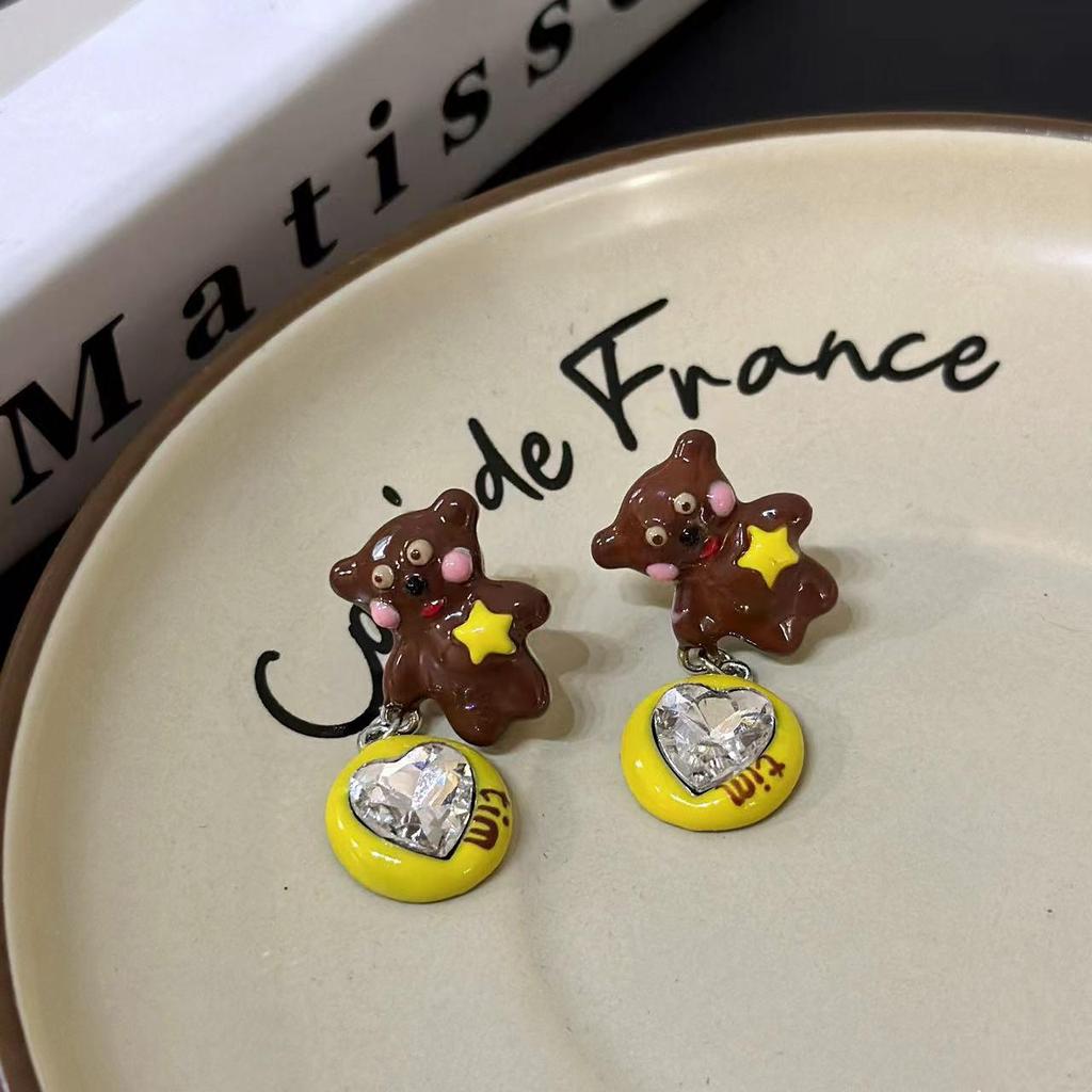 Y2K Yellow Heart Teddy Bear Zircon Stud Earrings - Cute, Cool, Niche Design Trend