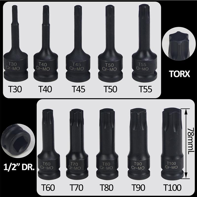10Pcs 1/2 Inch Drive Impact Torx Star Bit Socket Sets T30-T100 Socket Bits Set T30 T40 T45 T50 T55 T60 T70 T80 T90 T100