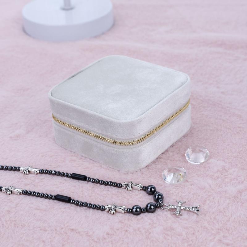 Portagioie in velluto per collana da donna, anello, orecchini, portaoggetti, portaoggetti da viaggio, portatile, con cerniera, custodia per gioielli quadrata