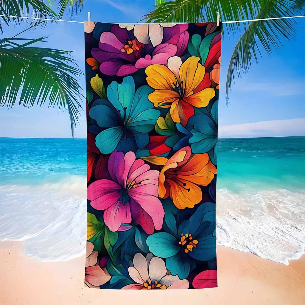 1pc Floral Collection Oversized Soft Printed Beach Towel - Vibrant Cartoon-Style Floral Pattern, Lightweight Super Fine Fiber