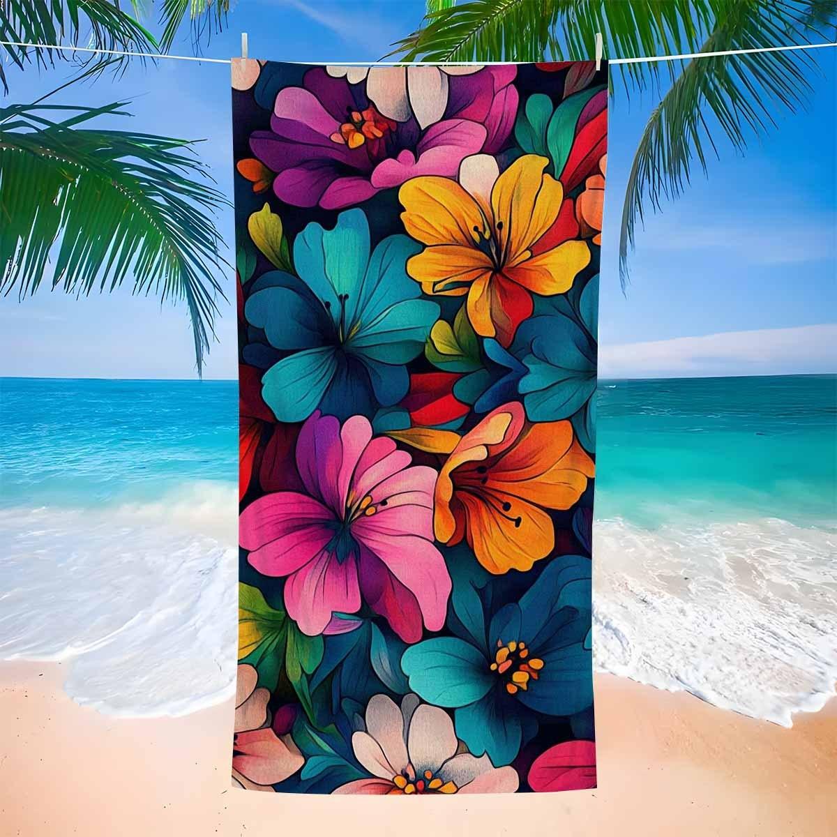 

1pc Floral Collection Oversized Soft Printed Beach Towel - Vibrant Cartoon-Style Floral Pattern, Lightweight Super Fine Fiber W40*H60(CM)