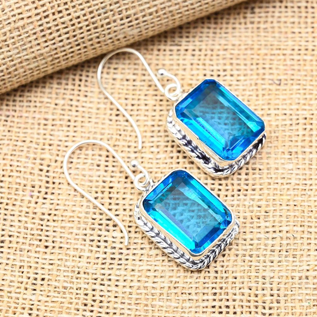 Blauer Topas-Edelstein, handgefertigte Ohrringe aus 925er Sterlingsilber für Hochzeitsgeschenk
