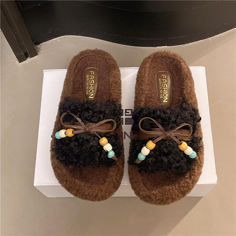 Internet celebrity fashion brown explosion Mao Mao slippers women's autumn and winter wear 2025 new ins trendy thick bottom casual home