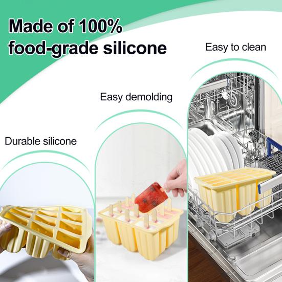 Silicone Popsicle Molds 12 Cavity DIY Ice Cream Molds with Wooden Sticks BPA-free Ice Lolly Mold Summer Kitchen Accessories