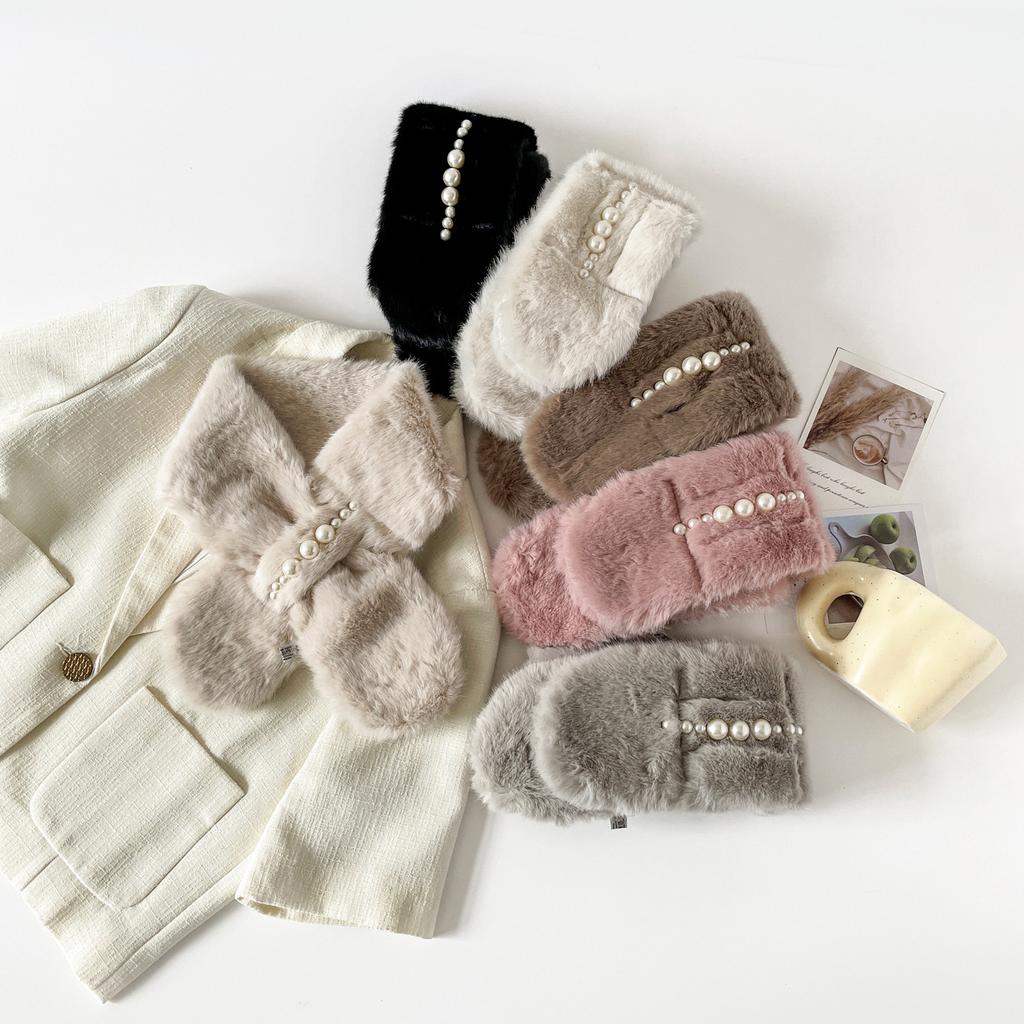 Furry Scarf for Women, Korean Style Pearl Plush Neck Scarf, Faux Rabbit Fur Thickened Cross-faux Fur, New Autumn/winter Scarf