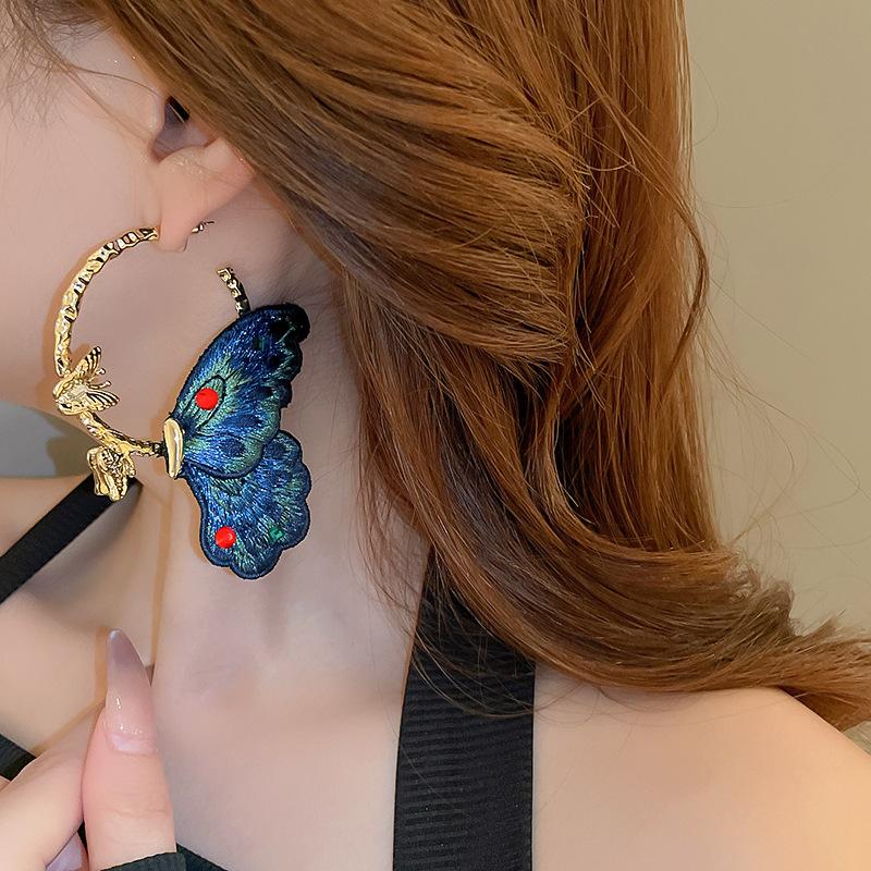 Vintage Fabric Embroidery Diamond Set Butterfly Circle Silver Needle Earrings Geometric Earrings