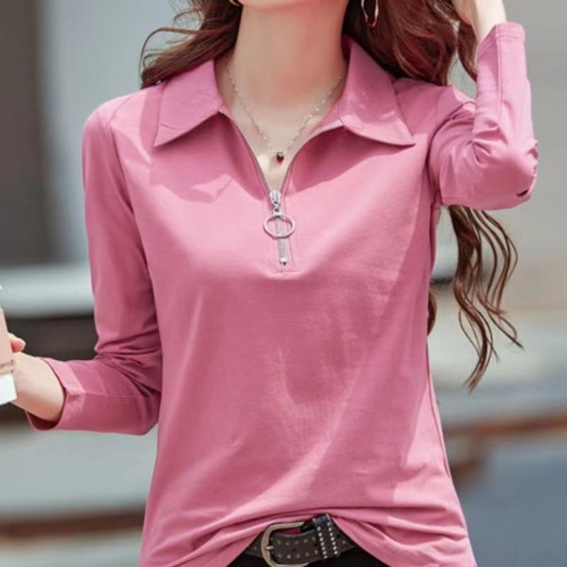 Women's Polo Collar Tees Half-Zip T-Shirts Long-Sleeve Top