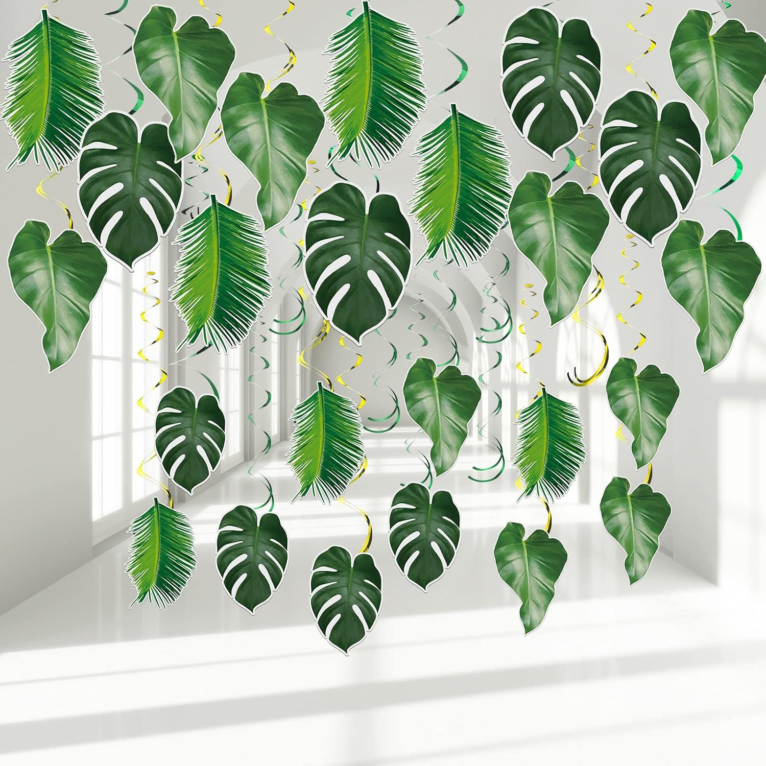 Geyee 51 Pcs Hawaiian Luau Party Palm Leaves Swirl Decorations Green Palm Leaves Hanging Decoration Ceiling Tropical Safari Jungle Party Decor for
